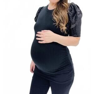 NEW HELLO MIZ sequins puff sleeve maternity top in black